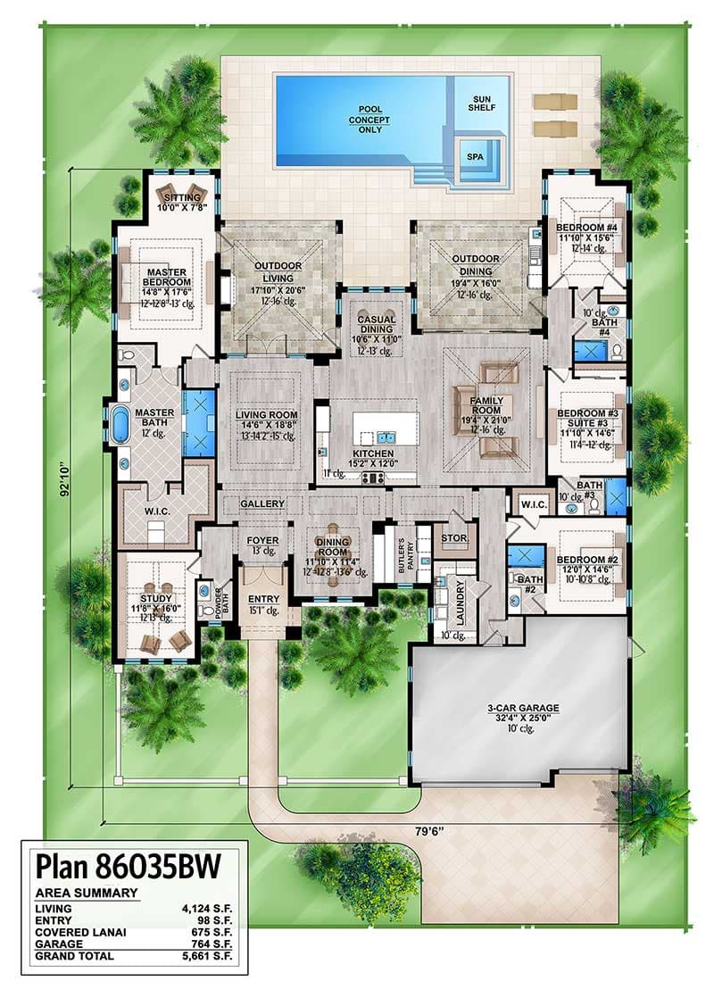 Plan 86035BW: Split Bedroom Florida House Plan - Floor Plan - Main Level - Coastal, European, Florida-Style, Mediterranean, Transitional