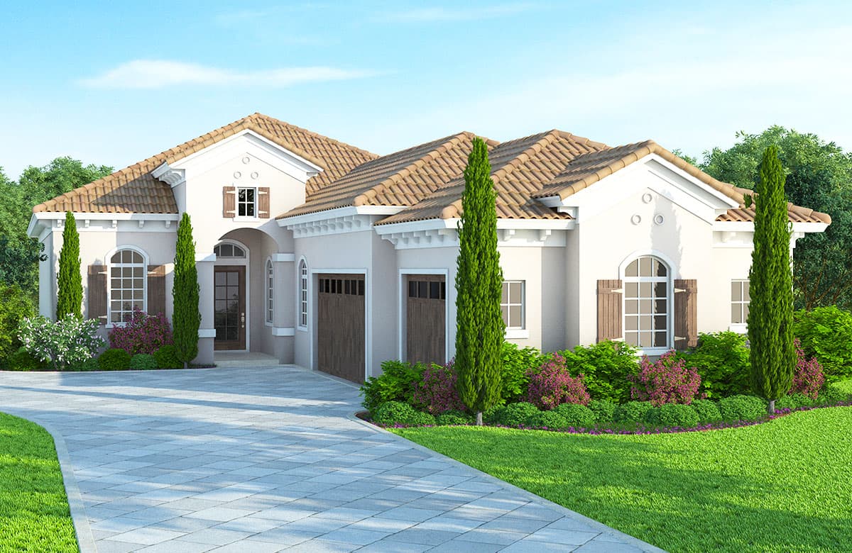 House plan exterior rendering with tile roof, arched windows, side-entry garage, and detailed gables.