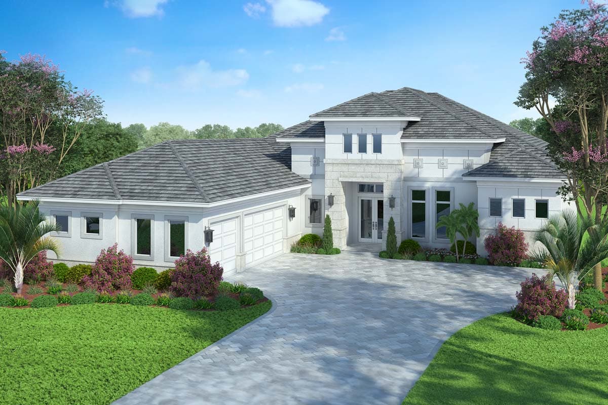 House plan exterior: modern style, one story, pitched roof, three-car garage, stone accent entryway.