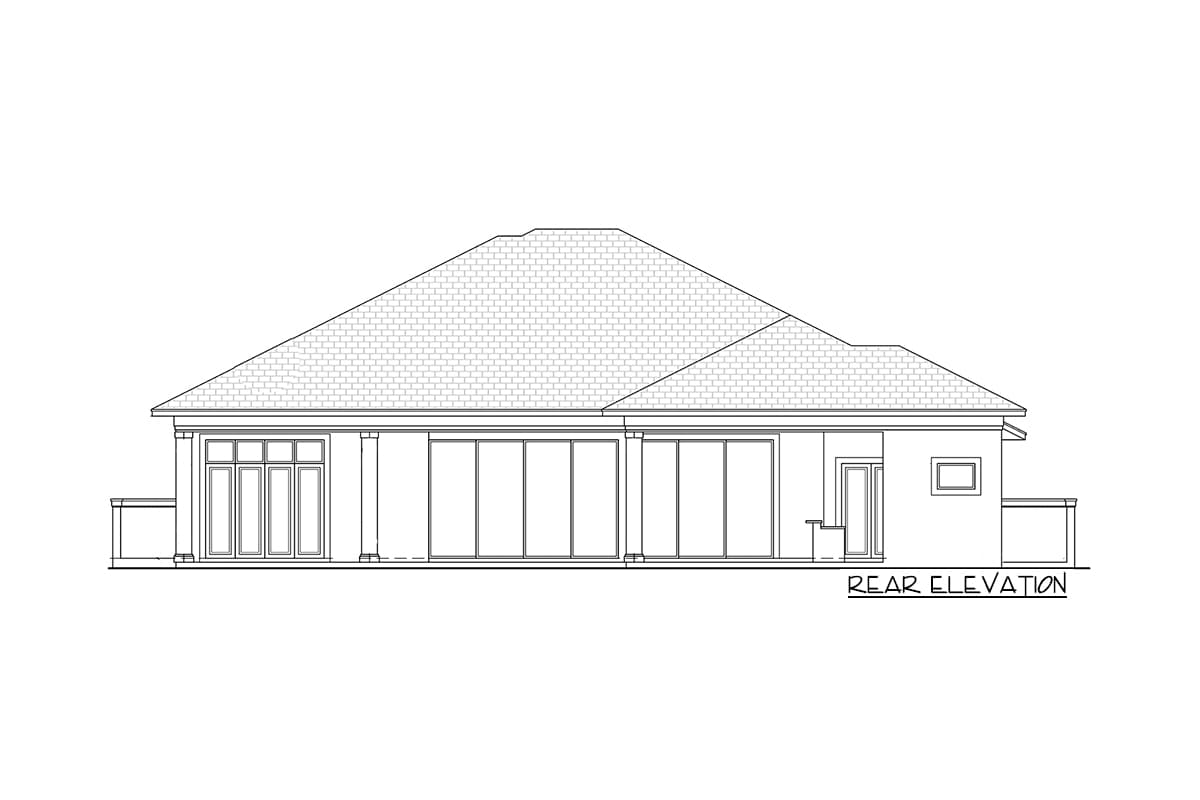 Rear elevation drawing of a house plan showing large sliding glass doors, a covered patio, and a hipped roof.