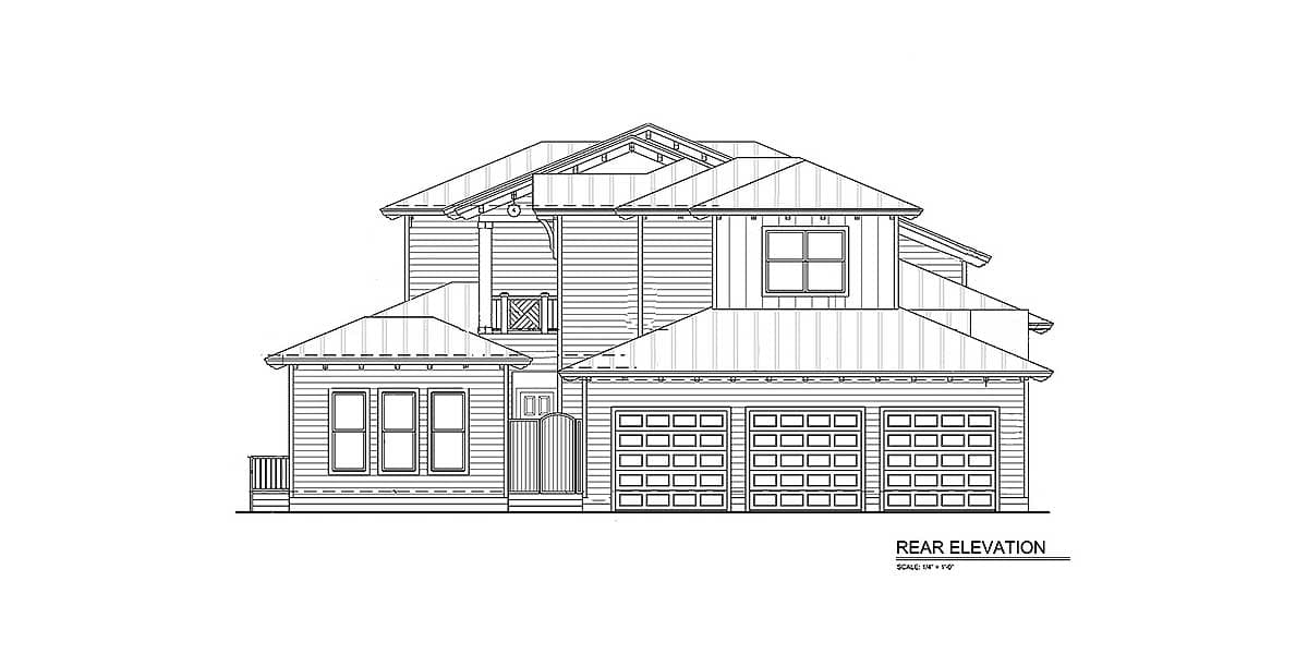 Rear elevation house plan: two stories, hip and gable roofs, three-car garage, dormer, and covered porch.