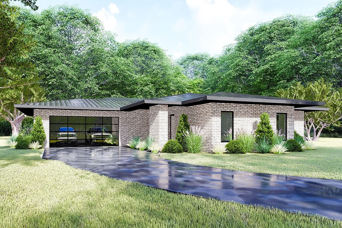 House plan exterior: Modern, single-story home with brick facade, flat roof, and attached two-car garage with glass doors.