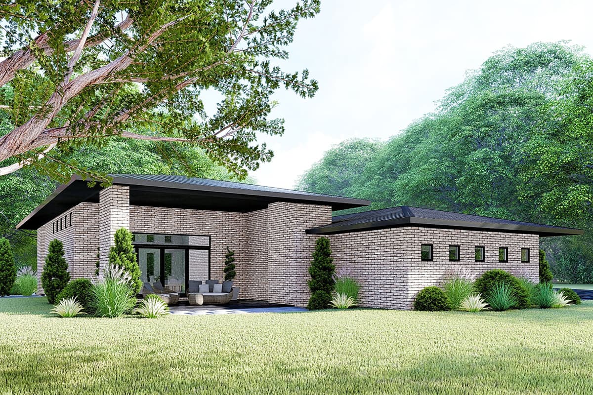 Modern house plan exterior with brick facade, flat roof, and large glass doors leading to a patio. Single story.