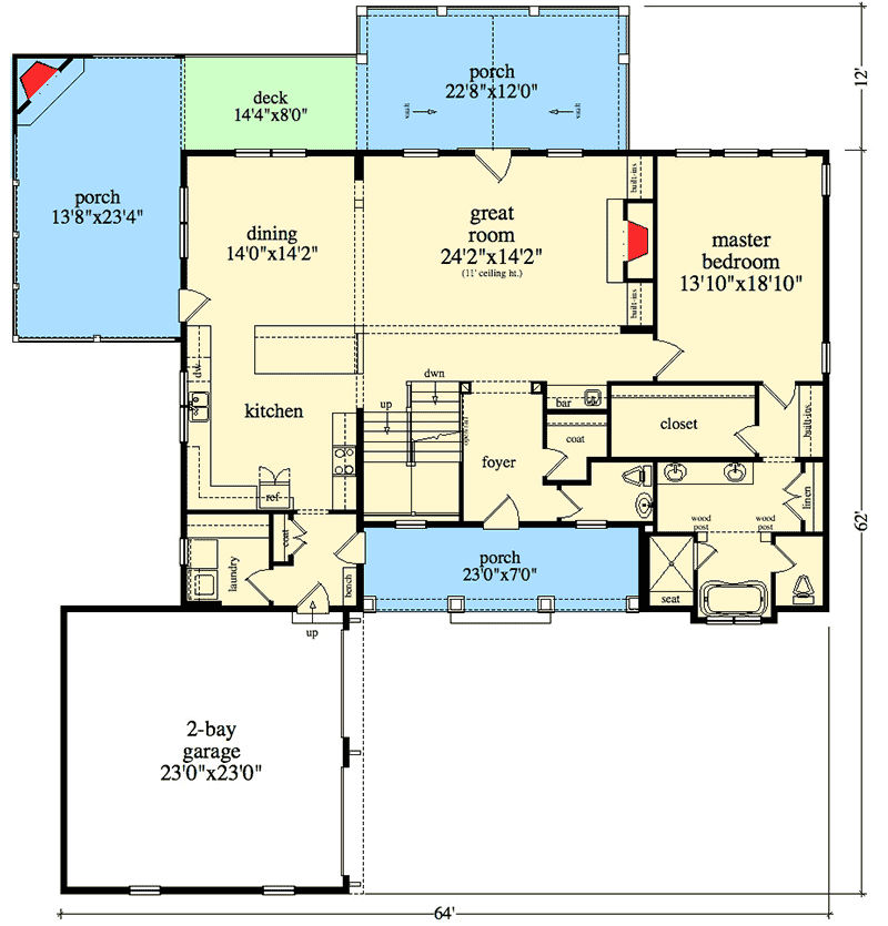 Plan 29885RL: Country House Plan with 3 Porches and an Optional Finished Lower Level - Floor Plan - Main Level - Cottage, Country, Mountain, Rustic, Vacation