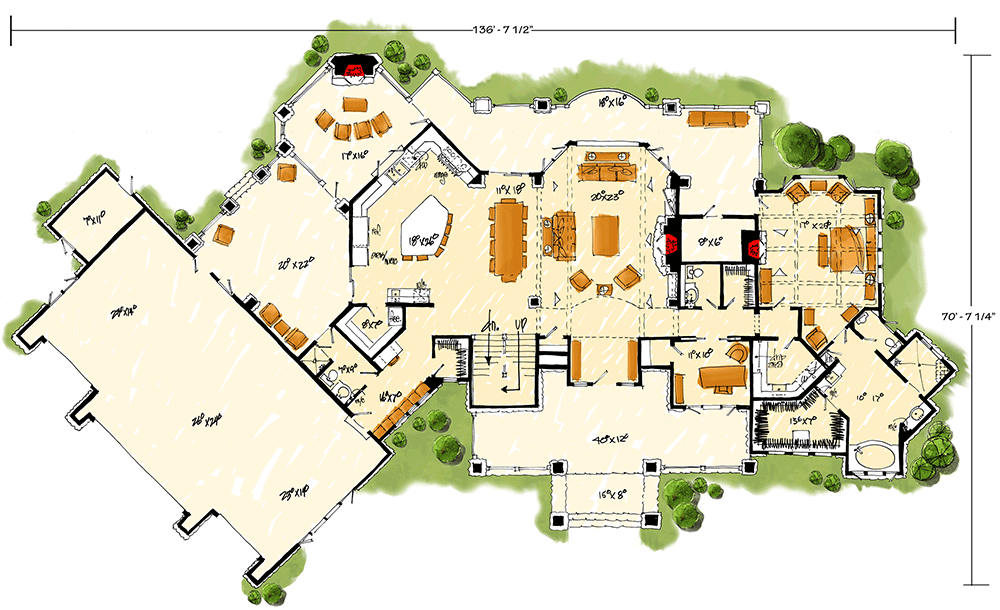 Plan 12943KN: 4 Bedroom Mountain Lodge House Plan - Floor Plan - Main Level - Craftsman, Mountain, Rustic, Vacation