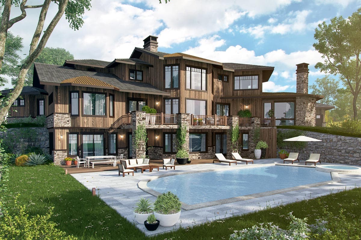 House plan exterior of a multi-story mountain-style home with wood siding, stone accents, multiple balconies, and a swimming pool.