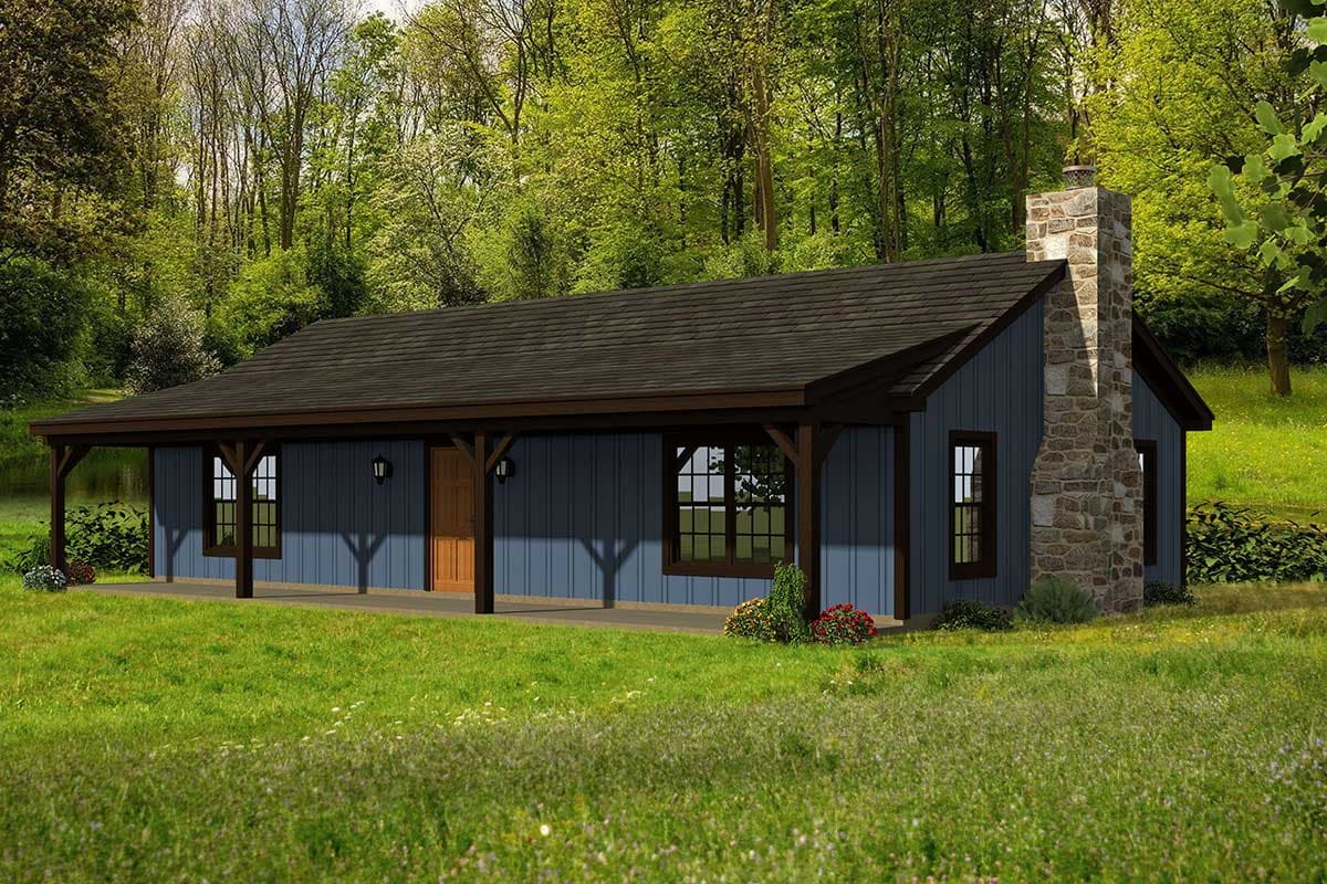House plan exterior. One-story Ranch style home with a covered porch supported by columns. Stone chimney and gabled roof are visible.