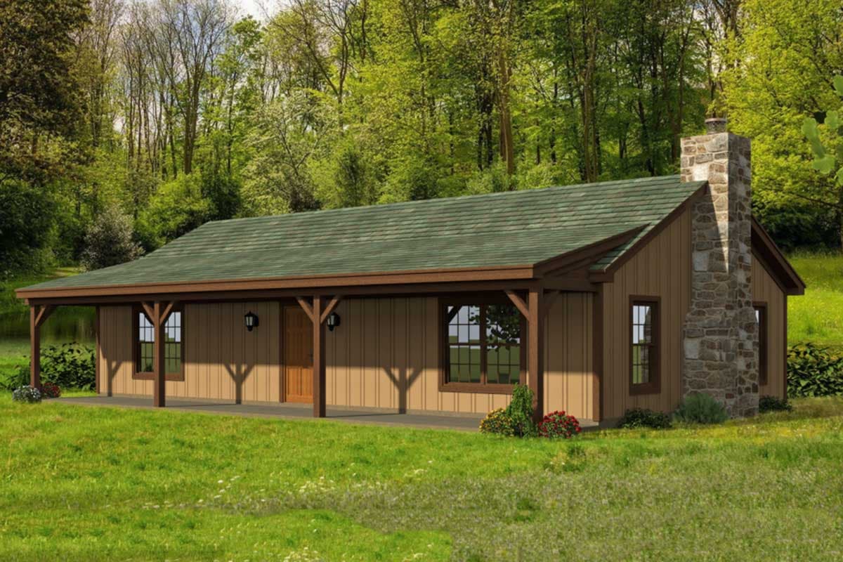 House plan exterior: single-story cabin with full-width covered porch, stone chimney, and board-and-batten siding.