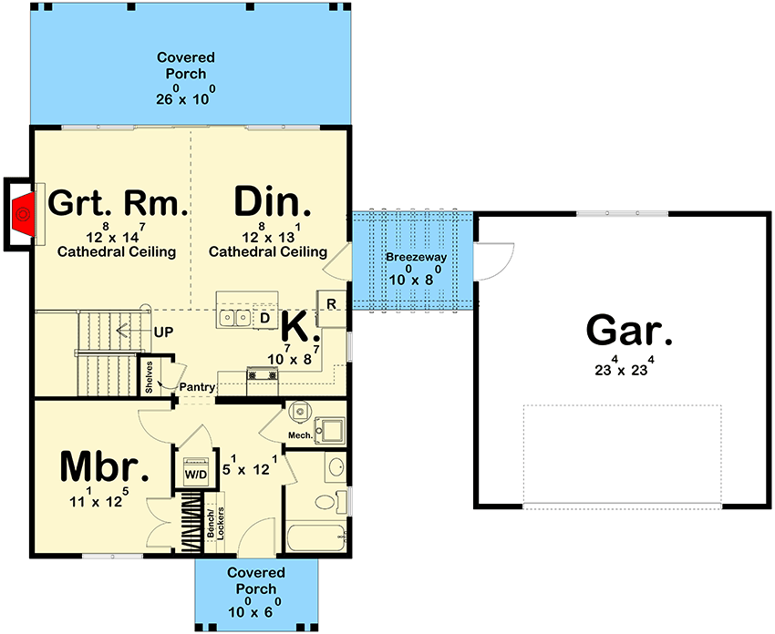 Plan 62651DJ: Two-Story Coastal Cabin with Loft and Detached Garage - 1194  Sq Ft - Floor Plan - Main Level - Coastal, Cottage, Country, Vacation