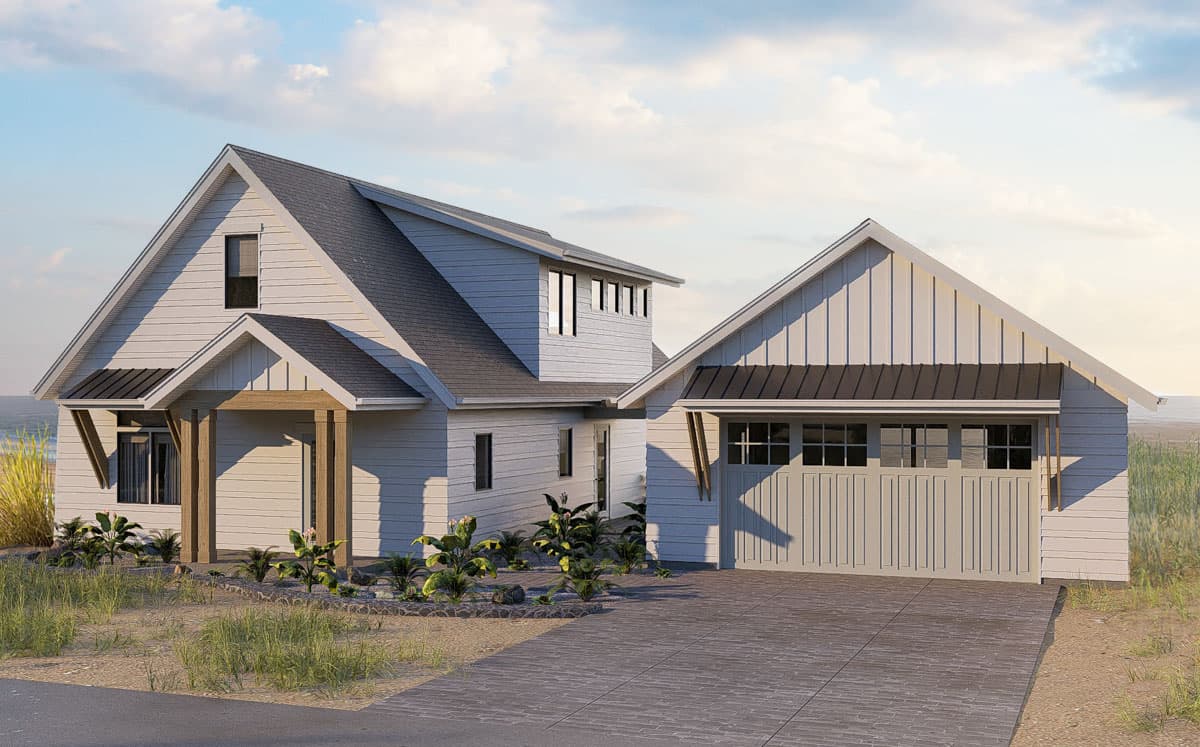 House plan exterior with two gabled sections, a front porch, and a detached garage. Features board and batten siding and a dark roof.