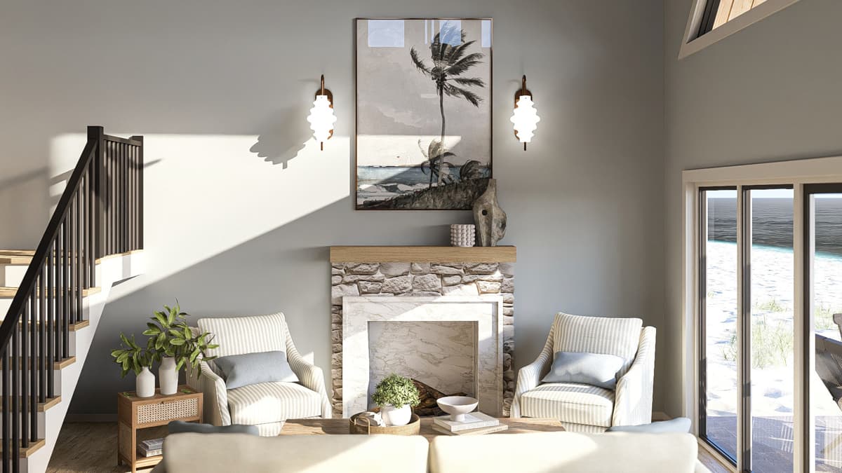 Interior rendering: Living area with stone fireplace, striped armchairs, staircase, and large sliding glass doors overlooking beach.