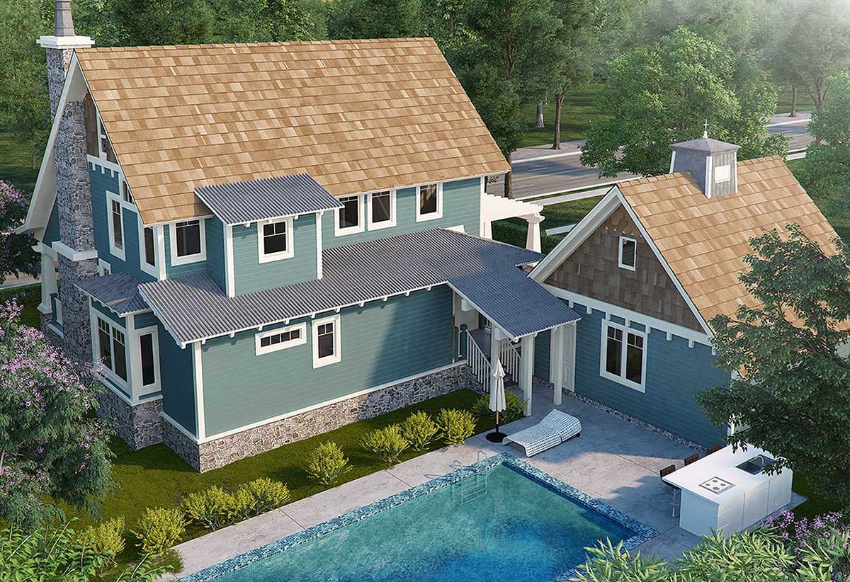 House plan exterior with stone accents, multiple gables, dormers, and a covered porch.