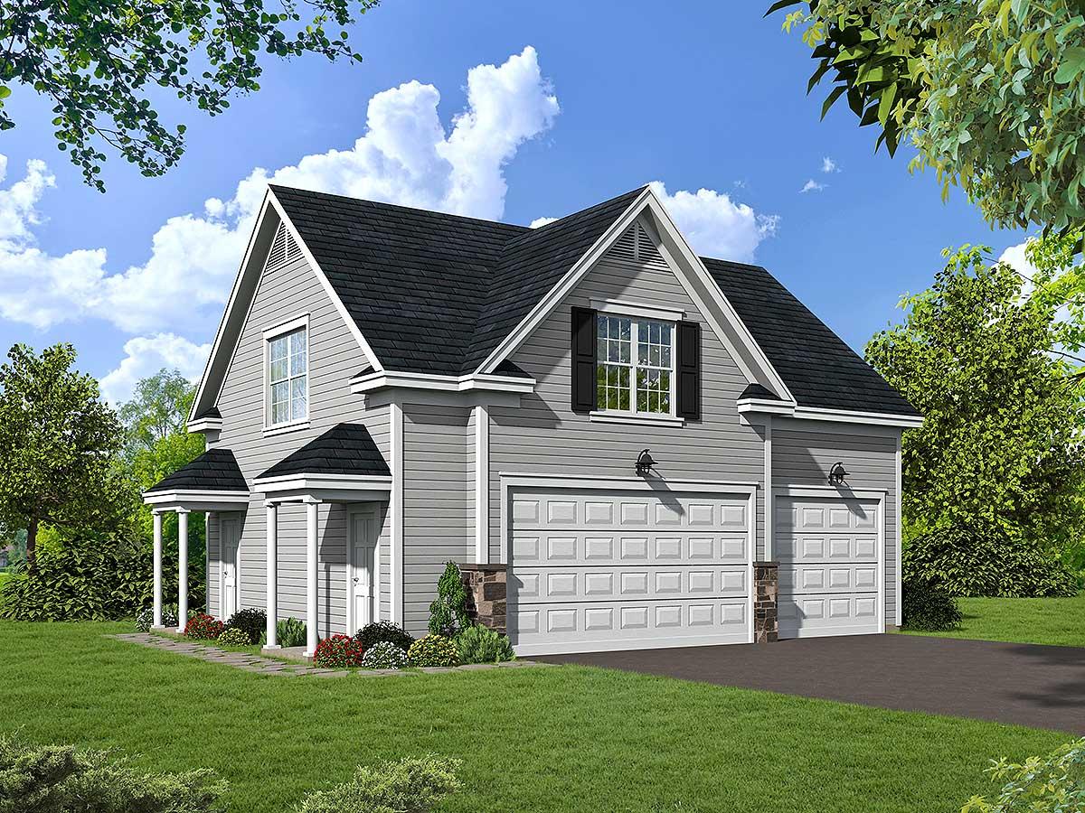 House plan exterior: Two-story home with gable roof, dual garage doors, and two covered entryways.
