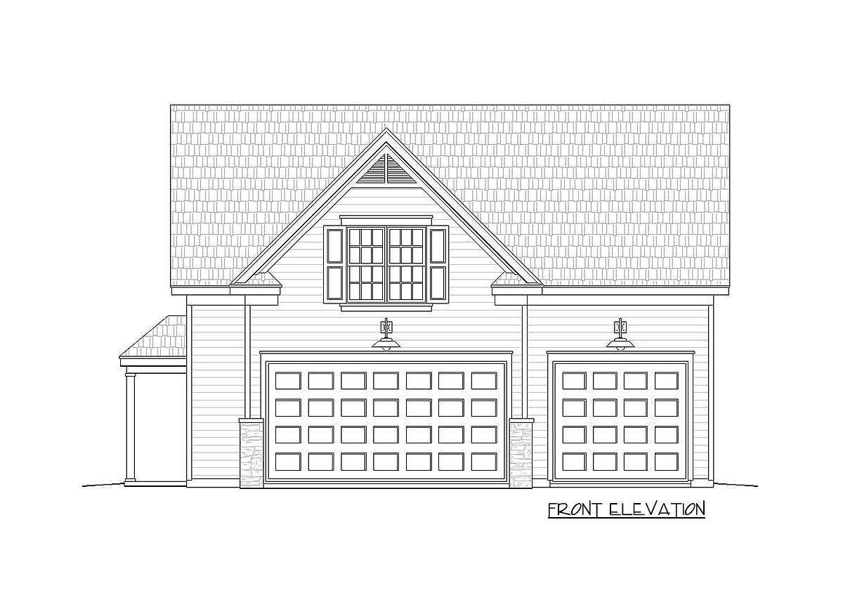 Front elevation drawing of house plan with a gable roof, two-car garage, one-car garage, and a multi-pane window.
