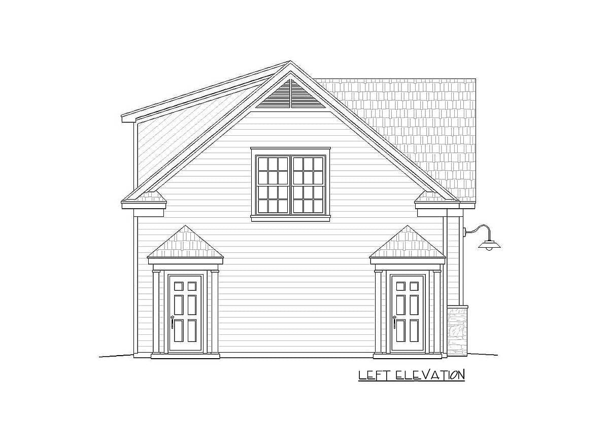 Left elevation house plan showing two front doors with pediments, a central window, and steep gables.
