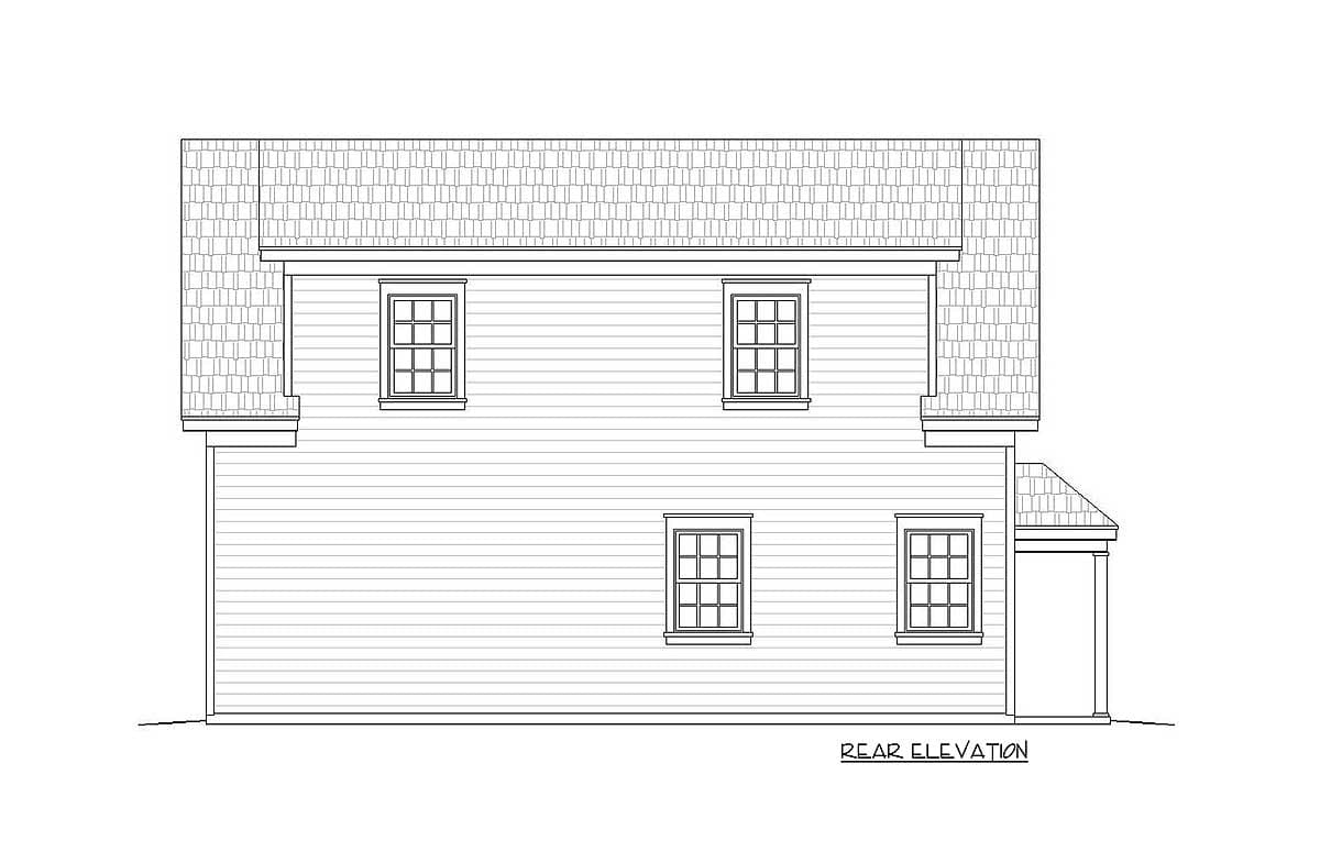 Rear elevation drawing of a two-story house with clapboard siding and five double-hung windows.