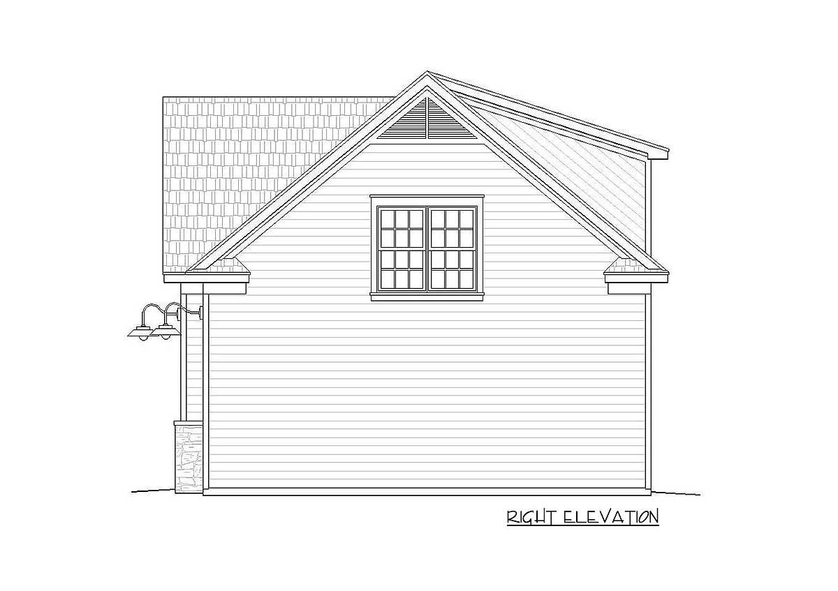 Right elevation drawing of a house plan with a gable roof, dormer window, and exterior light fixtures.