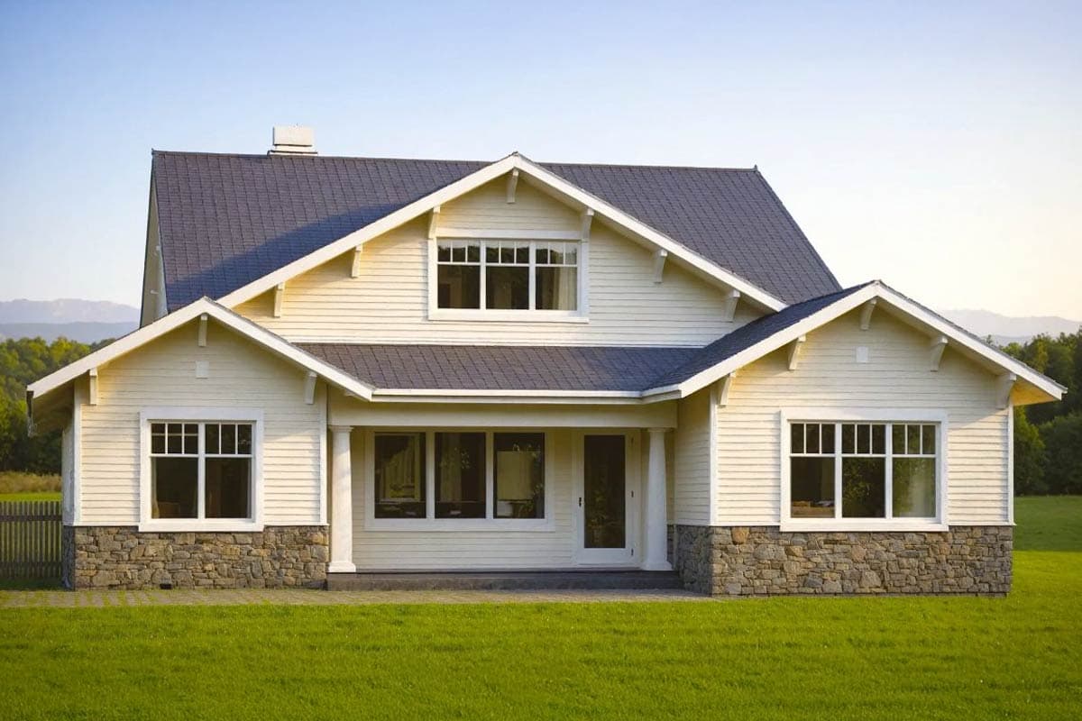 Craftsman style house plan exterior with stone base, gables, dormer window, and covered entry.