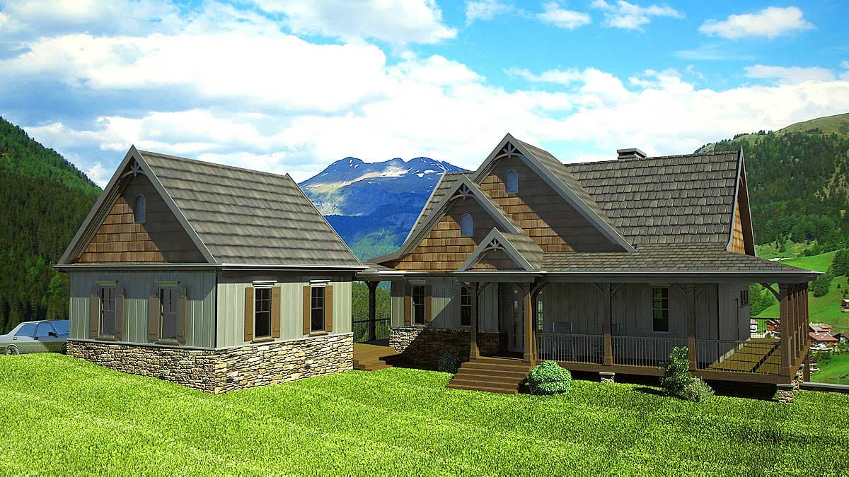 House plan exterior with a steep gabled roof, wood shake siding, stone foundation, and wrap-around porch.