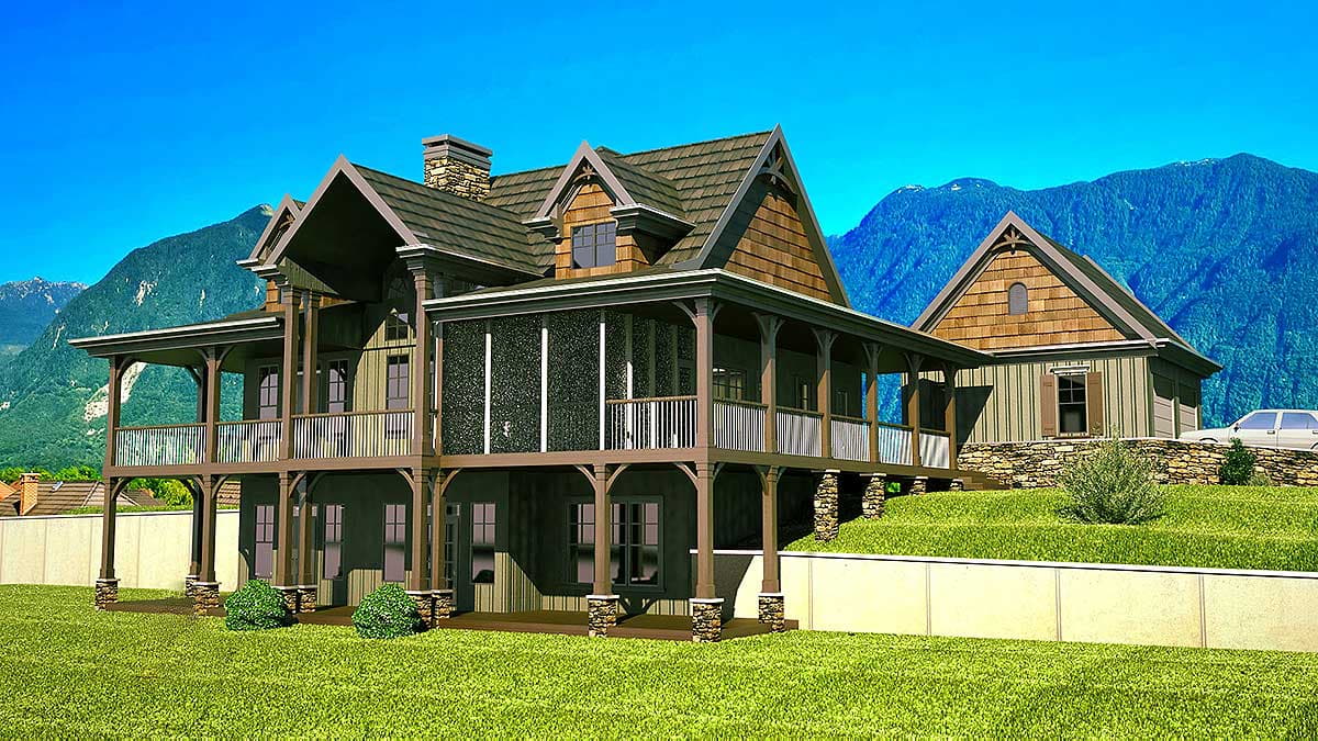 House plan exterior, two-story home with wrap-around porch, gables, stone foundation, and a detached garage.