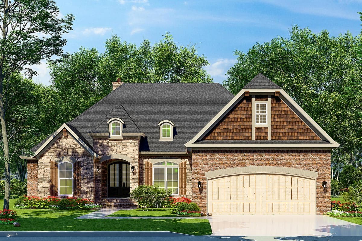 House plan exterior with stone veneer, gabled roof, and arched garage door. Features include dormers and wood shake detailing in gables.