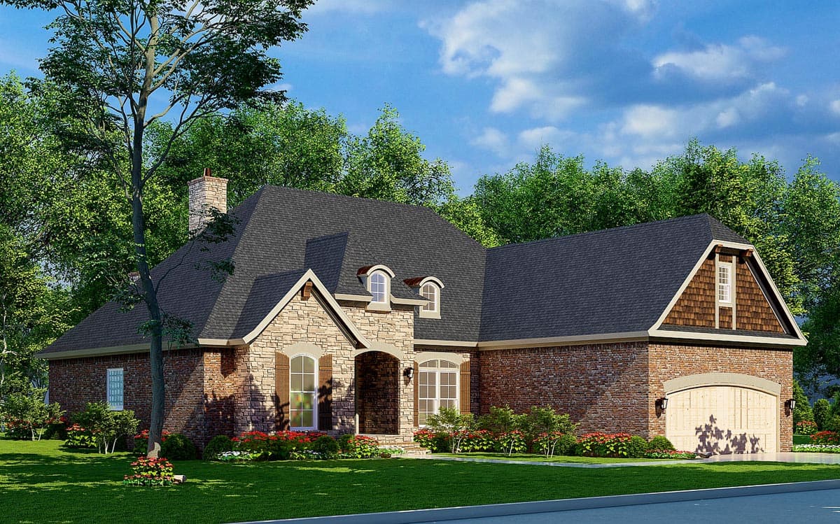 House plan exterior with stone and brick facade, arched garage, prominent chimney, and dormer windows.