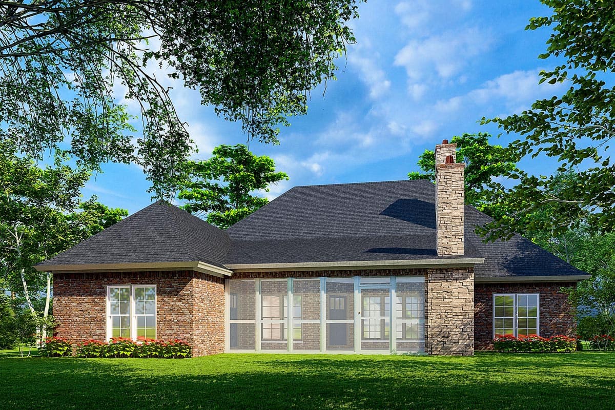 House plan exterior: One-story brick home with gabled roof, stone chimney, and screened porch.