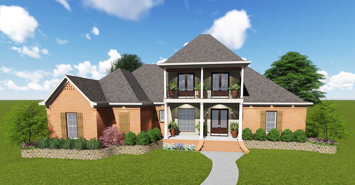 House plan exterior: two-story brick home with double balconies, gables, and a prominent roofline.