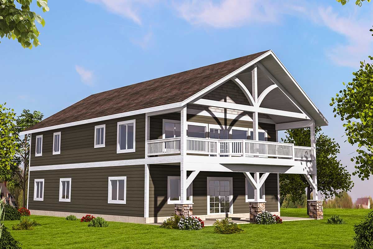 House plan exterior of a two-story home with a wrap-around porch, gable roof, and decorative arched gable supports.