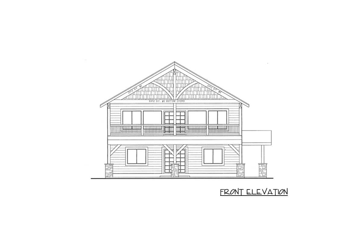 Front elevation drawing of a two-story house plan with a gable roof, balcony, and stone-clad columns.
