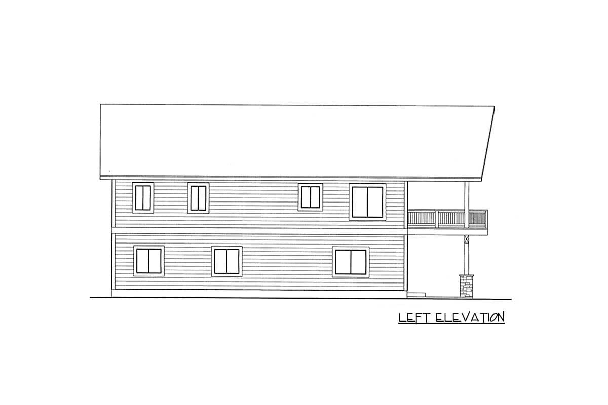 Left elevation drawing of a two-story house plan featuring horizontal siding, multiple windows, and a covered porch on the upper level.