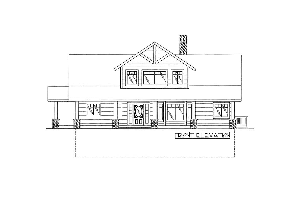 Front elevation house plan drawing showing a two-story home with a covered porch, gabled dormer, and stone chimney.