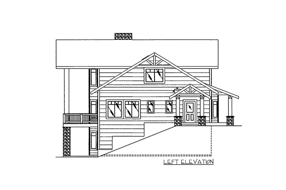 House plan left elevation showing a two-story home with a covered porch, prominent gables, and stacked stone accents.