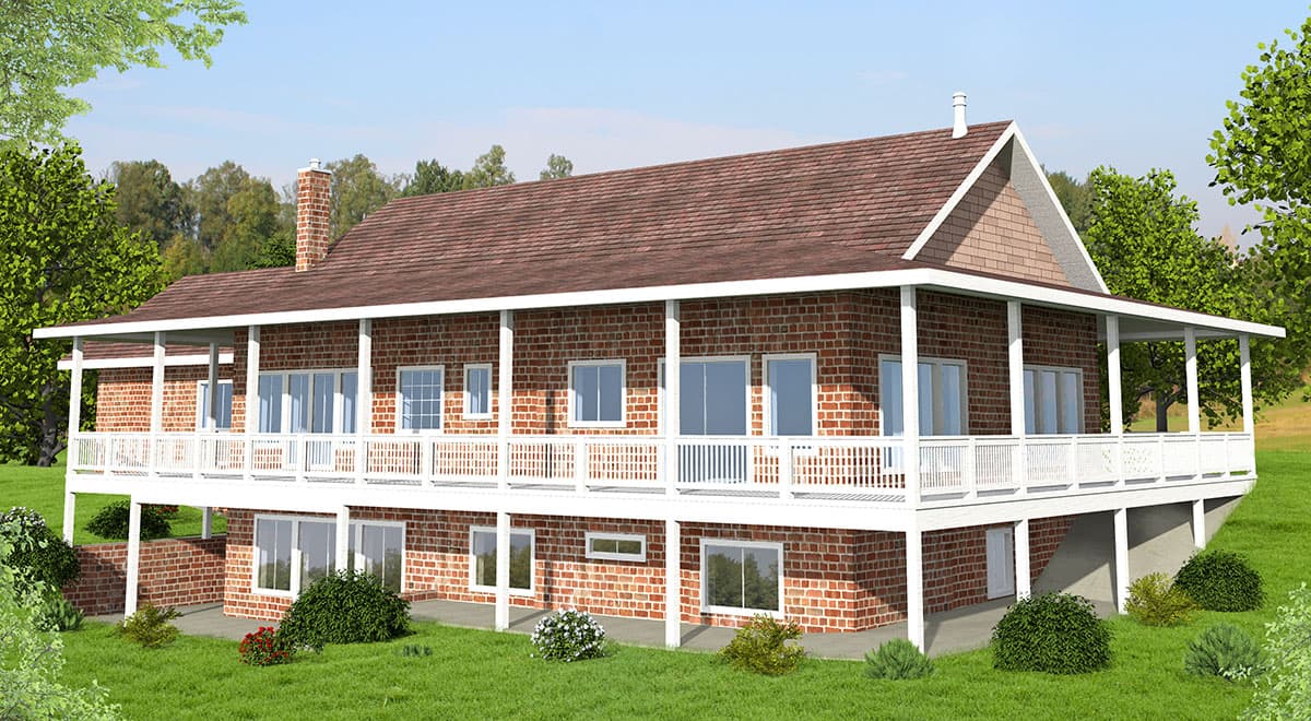 House plan exterior with red brick, a wraparound porch, and a prominent gable end with shingle siding.