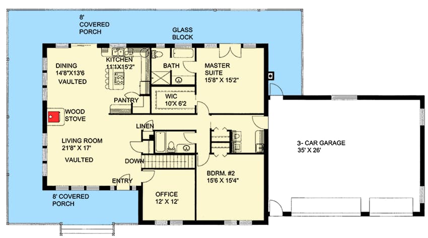 Plan 35519GH: Brick Ranch House Plan with Finished Lower Level - Floor Plan - First Floor - Northwest, Ranch