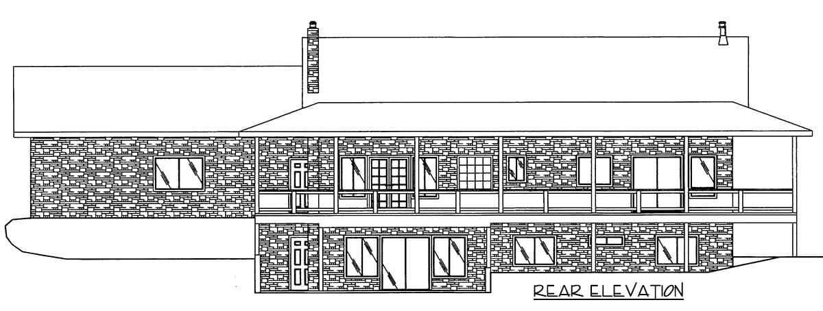 Rear elevation of a two-story house plan featuring stone veneer, a covered balcony, and multiple windows.