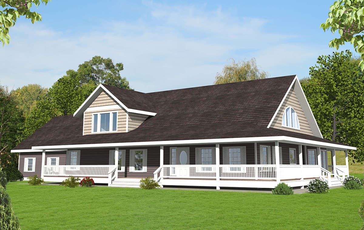 House plan exterior: One-and-a-half story home with a wraparound porch, multiple gables, and dormer windows.
