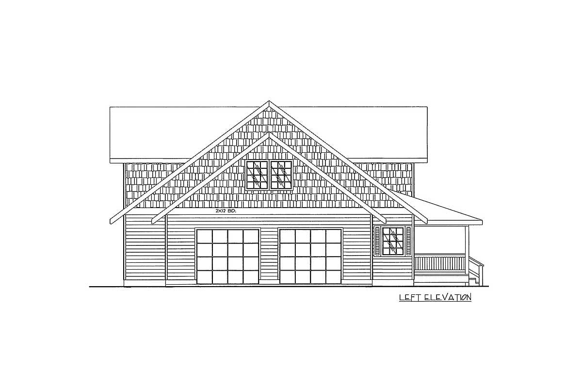 Left elevation of a house plan showing a two-story structure with a prominent gable, shingle siding, a two-car garage, and a covered porch.