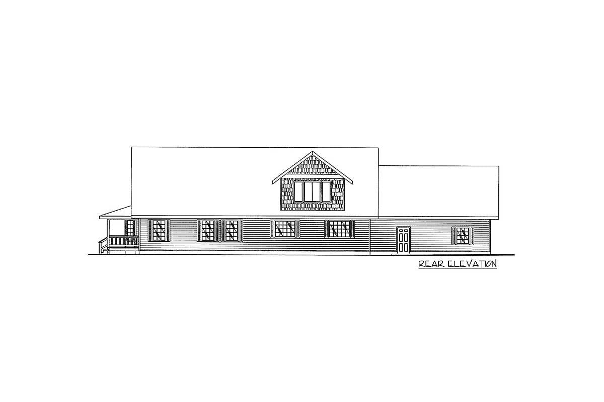 Rear elevation house plan with a dormer, porch, and multiple windows.