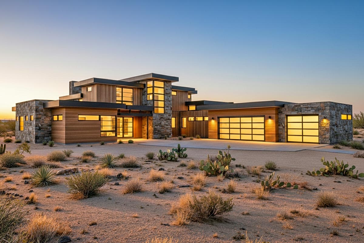 Modern house plan exterior with stone and wood siding, multiple flat roof sections, and two glass garage doors.