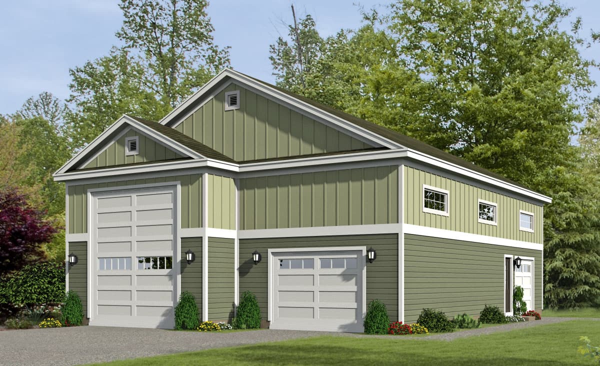 House plan exterior of a two-story garage building with two garage doors, gabled rooflines, and board and batten siding.