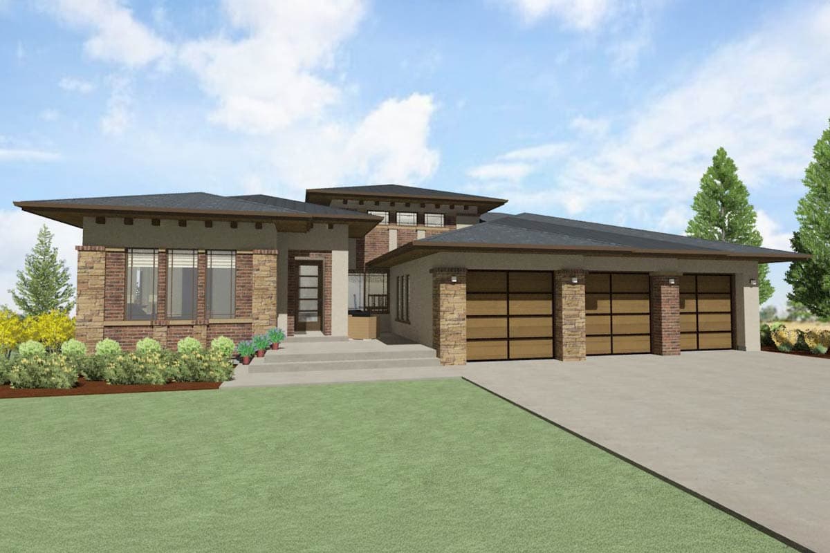 Modern house plan exterior with brick and stone accents, a low-pitched roof, large windows, and a three-car garage.