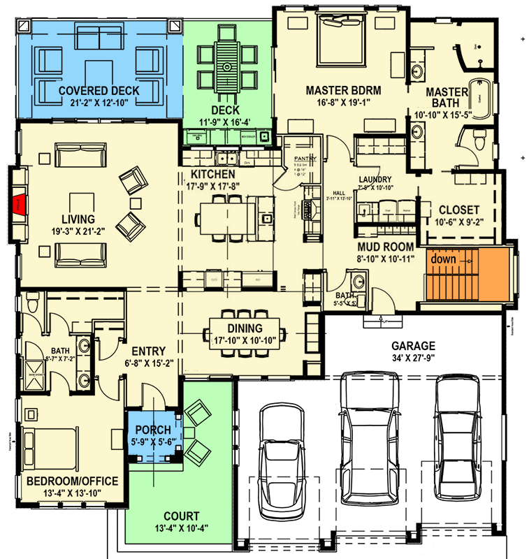 Plan 64421SC: Modern Prairie House Plan for a Rear Sloping Lot - Floor Plan - Main Level - Northwest, Prairie, Ranch