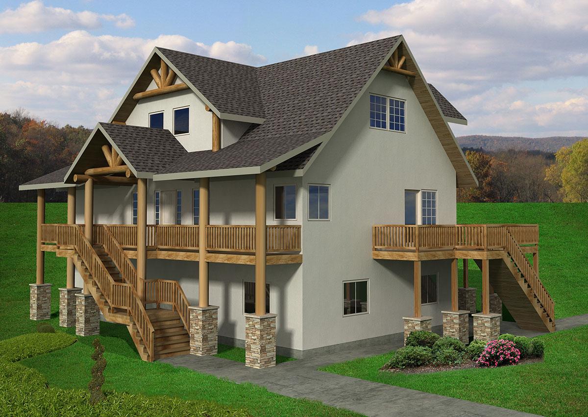 House plan exterior: Two-story design with prominent gables, extensive wrap-around porches, and stone-clad porch supports.