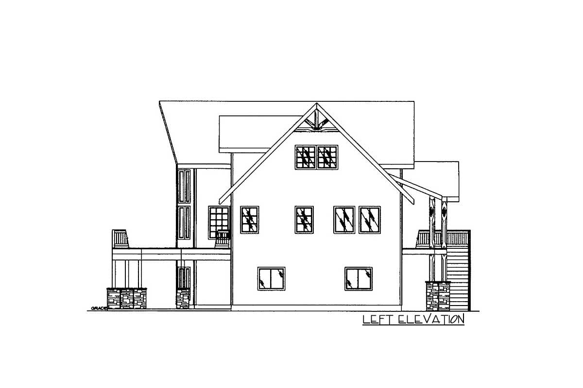 Left elevation house plan showing gabled dormer, multiple windows, and covered porches with stone supports.