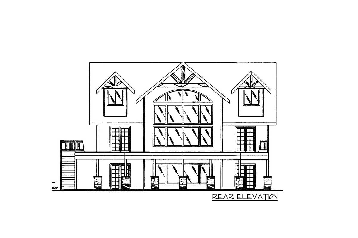 Rear elevation house plan showing a multi-story house with a prominent central gable, dormers, and a large multi-pane window.