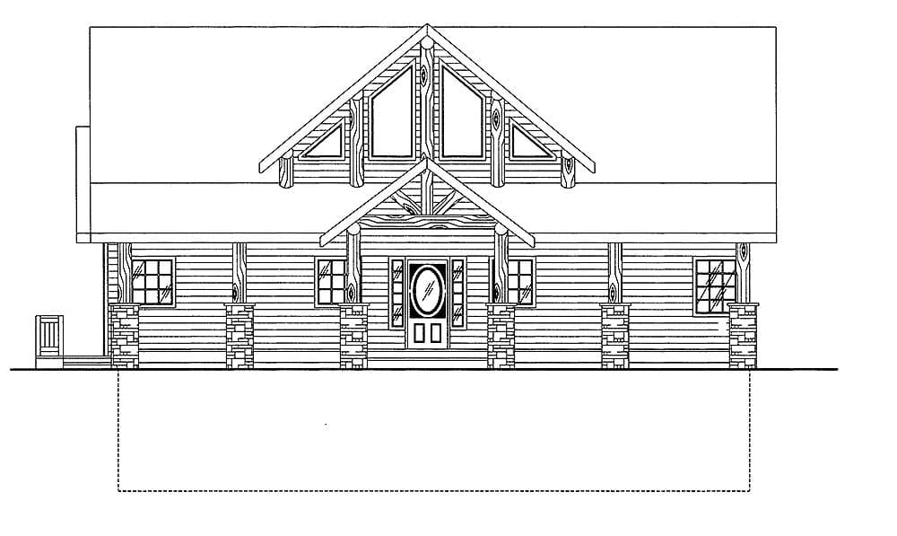 Log home plan exterior, two stories, with stone foundation, covered entry with timber supports, and gabled dormers.