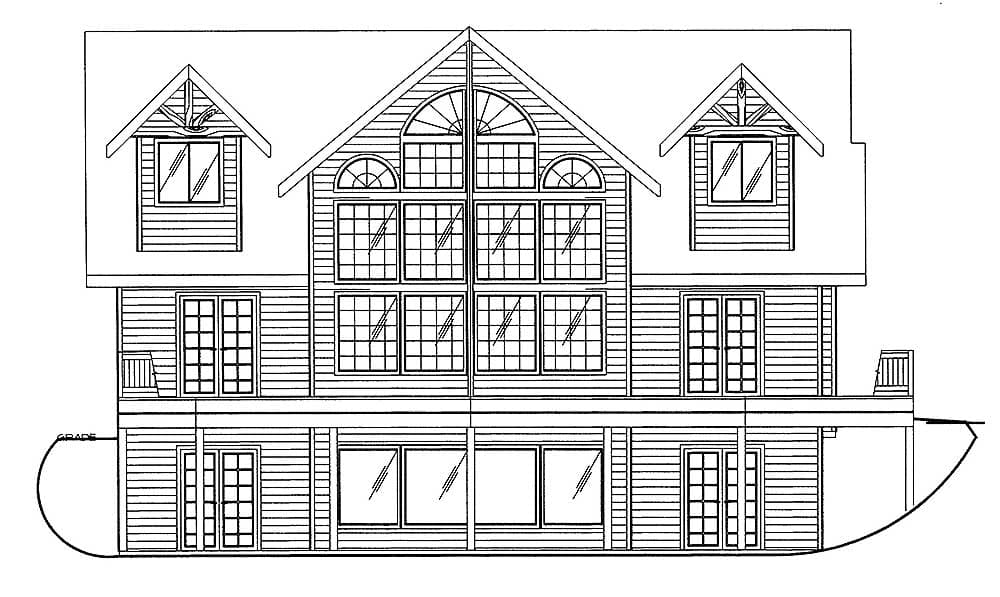 House plan front elevation: multi-story with gabled dormers, arched and grid windows, double doors, and a deck.
