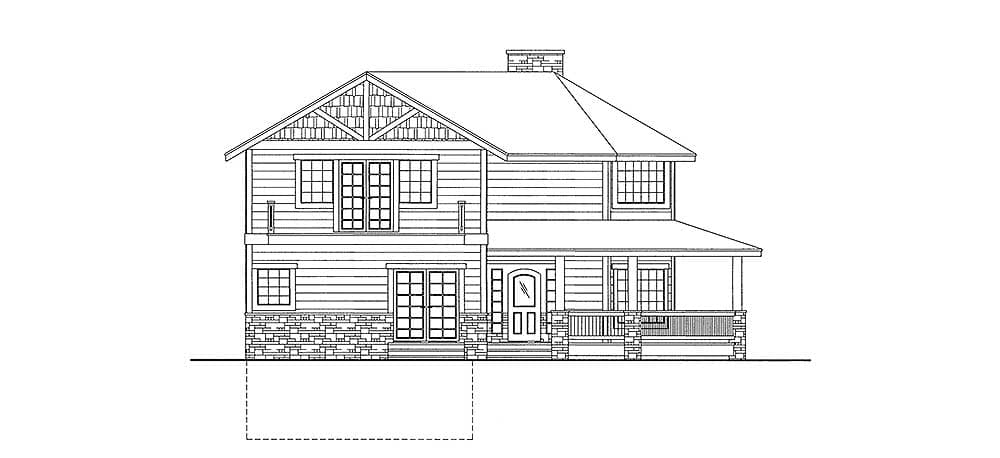 House plan exterior drawing showing a two-story Craftsman style home with a covered front porch, gables, and stone foundation.