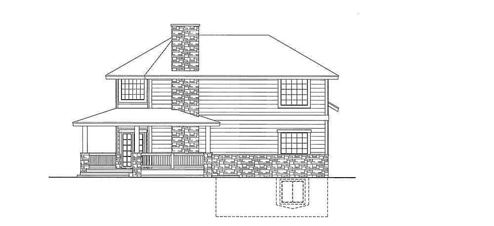 House plan exterior: two-story, horizontal siding, stone accents, covered front porch, prominent stone chimney, multiple gables.